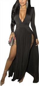 img 4 attached to Women'S Black V Neck Maxi Dress With Long Sleeves, High Slit And Sexy Style For Parties