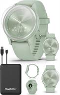 playbetter garmin vivomove sport (cool mint/silver) hybrid smartwatch power bundle - 2022 heart rate monitor watch with call portable charger & hd screen protectors - women's fitness tracker logo
