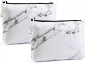 img 4 attached to Set Of 2 Marble Pu Leather Cosmetic Bags For Women - Small Makeup Pouches With Zipper, Perfect For Travel And Everyday Use, Ideal For Purse Organization And Makeup Storage