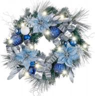 valery madelyn pre-lit 24 inch winter wishes silver blue lighted christmas wreath for front door with ball ornaments, battery operated 20 led lights, holiday decoration for fireplace xmas decor logo