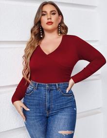 img 3 attached to Women'S Plus Size Long Sleeve V Neck Cross Front Bodysuit T-Shirt Jumpsuit