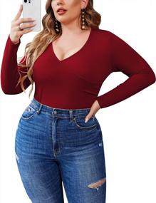 img 4 attached to Women'S Plus Size Long Sleeve V Neck Cross Front Bodysuit T-Shirt Jumpsuit