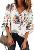 lookbookstore women's v neck shirt printed top 3/4 bell sleeve mesh panel blouse logo