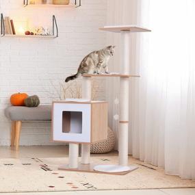 img 3 attached to Stylish And Practical Oak Wood And White Cat Tree With Multiple Levels And Scratching Post.