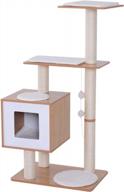 stylish and practical oak wood and white cat tree with multiple levels and scratching post. logo