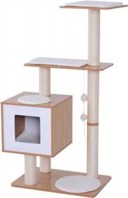 img 4 attached to Stylish And Practical Oak Wood And White Cat Tree With Multiple Levels And Scratching Post.