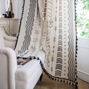 img 4 attached to Boho Cotton Linen Curtains With Tassels And Geometric Print - Semi-Blackout Farmhouse Bohemian Window Drapes For Living Room, Bedroom - Rod Pocket Style, 1 Panel