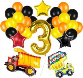 img 4 attached to Строительный набор для вечеринки по случаю дня рождения с воздушным шаром из фольги для самосвала, воздушным шаром номер 3, а также черными, желтыми и оранжевыми латексными воздушными шарами для празднования третьего дня рождения для мальчиков