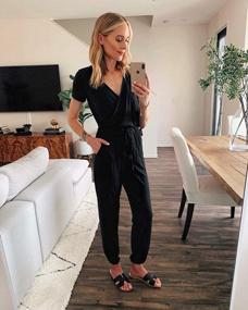 img 2 attached to Women'S Summer Jumpsuit Romper With Deep V Neck, Short Sleeve Wrap, Drawstring Waist - PRETTYGARDEN