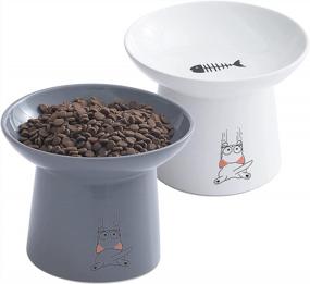 img 4 attached to 6.5 Inch Extra Wide Ceramic Raised Cat Bowls | Upgraded Elevated Porcelain Pet Food Water Dish For Big Cats & Small Dogs | Stress Free Feeder Bowls Dishes In White & Grey