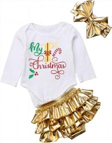 img 4 attached to Adorable 3-Piece My First Christmas Outfit Set For Baby Girls - Glitter Skirt, Bodysuit, Headband