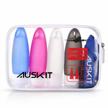 tsa approved auskit travel bottles: leak proof 3.3 oz refillable silicone containers with shower lanyard for toiletries logo