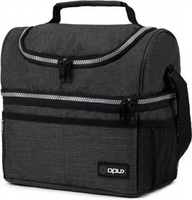 img 4 attached to Opux Insulated Dual Compartment Lunch Bag For Men, Women Double Deck Reusable Lunch Box Cooler With Shoulder Strap, Leakproof Liner Medium Lunch Pail For School, Work, Office (Charcoal Gray)