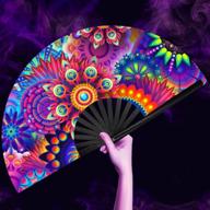 omytea uv glow rave fan foldable for women/men/drag queen - large clack festival folding hand fan - for edm, music festival, event, party, dance, performance (fantasy flowers) logo