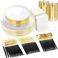 supernal 350pcs gold plastic dinnerware set, gold and white plates,gold plastic silverware - black handle,gold rim plates,gold cups,gold elegant napkins great for birthday,party,wedding logo