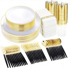 img 4 attached to Supernal 350Pcs Gold Plastic Dinnerware Set, Gold And White Plates,Gold Plastic Silverware - Black Handle,Gold Rim Plates,Gold Cups,Gold Elegant Napkins Great For Birthday,Party,Wedding