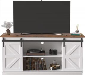 img 4 attached to 65 Inch Farmhouse TV Stand - Mid Century Modern Entertainment Center With Sliding Barn Doors & Storage Cabinets | JUMMICO Bright White Media Console Table For Living Room Bedroom