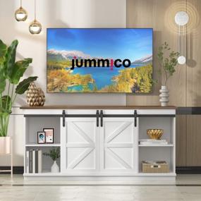 img 2 attached to 65 Inch Farmhouse TV Stand - Mid Century Modern Entertainment Center With Sliding Barn Doors & Storage Cabinets | JUMMICO Bright White Media Console Table For Living Room Bedroom