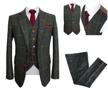 men's classic herringbone wool blend 3 piece suit - dark green check plaid striped blazer logo
