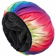extra large triple layer microfiber terry cloth silky satin reusable waterproof shower cap for women - long hair bathing cap with dry hair function (rainbow) logo