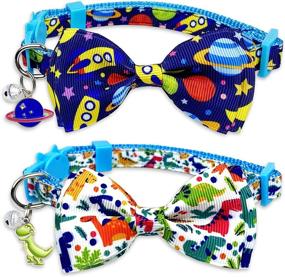 img 4 attached to 🐱 Pohshido 2 Pack Cat Collar with Bow Tie and Bell - Space and Dinosaur Breakaway Collar for Male and Female Cats