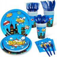 товары для вечеринки в стиле супергероев на день рождения мальчика - полный декоративный набор из 112 предметов, включая тарелки и салфетки для 16 гостей от decorlife логотип