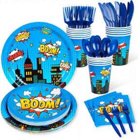 img 4 attached to Superhero Party Supplies For Boys Birthday - Complete 112-Piece Decor Set Including Plates And Napkins For 16 Guests By DECORLIFE