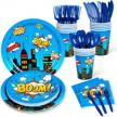 superhero party supplies for boys birthday - complete 112-piece decor set including plates and napkins for 16 guests by decorlife logo