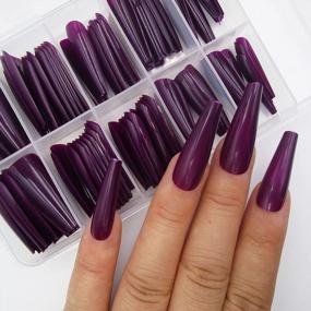 img 3 attached to 💅 Dark Grape Long Ballerina False Fake Nails - Full Cover Manicure Design Acrylic Nails 100pc for Women Teen Girls - Colored Coffin Press on Nails