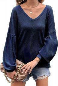 img 3 attached to Women'S V Neck Lantern Sleeve Waffle Knit Tops - Hotouch Long Sleeve Blouse Loose Shirt Pullover Sweater