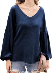 img 4 attached to Women'S V Neck Lantern Sleeve Waffle Knit Tops - Hotouch Long Sleeve Blouse Loose Shirt Pullover Sweater