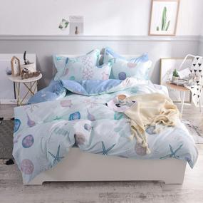 img 4 attached to FADFAY Coastal Nautical Queen Size Bedding Set - Soft Seashell Light Blue 100% Cotton Duvet Cover With Hidden Zipper Closure, 3 Pieces - No Comforter Included