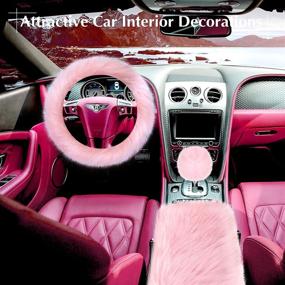 img 3 attached to 🐻 6-Piece Fluffy Steering Wheel Covers Winter Wool Fur Handbrake Cover Warm Gear Steering Wheel Cover Center Console Seat Belt Shoulder Pads Accessories Furry Non-slip Car Decor in Pink with Long Hair