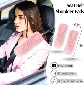 img 1 attached to 🐻 6-Piece Fluffy Steering Wheel Covers Winter Wool Fur Handbrake Cover Warm Gear Steering Wheel Cover Center Console Seat Belt Shoulder Pads Accessories Furry Non-slip Car Decor in Pink with Long Hair