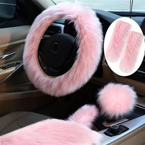 img 4 attached to 🐻 6-Piece Fluffy Steering Wheel Covers Winter Wool Fur Handbrake Cover Warm Gear Steering Wheel Cover Center Console Seat Belt Shoulder Pads Accessories Furry Non-slip Car Decor in Pink with Long Hair