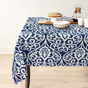 img 4 attached to Gravan Rectangle Polyester Tablecloth Vintage Printed And Spill Proof Table Cover For Home And Kitchen (Blue And White, 52X70 Inch)