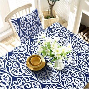 img 1 attached to Gravan Rectangle Polyester Tablecloth Vintage Printed And Spill Proof Table Cover For Home And Kitchen (Blue And White, 52X70 Inch)