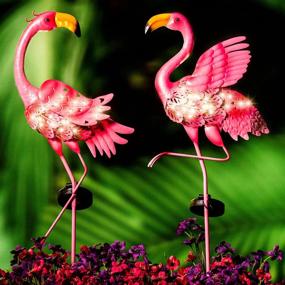 img 4 attached to Солнечные фонари Pink Flamingo Garden (2 шт.) - металлический светодиодный водонепроницаемый декор для лужайки, патио, двора