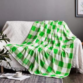 img 4 attached to Soft Flannel Fleece Buffalo Plaid Throw Blanket With Checker Pattern – Lightweight, Decorative Blanket For Bed Or Couch (280GSM-White-Green, Throw Size 50"X60") By NEWCOSPLAY