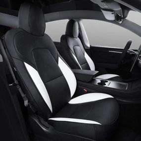 img 4 attached to Xipoo Fit Tesla Model Y Car Seat Cover - PU Leather Fully Wrapped Set For All-Season Protection | Compatible With Tesla Model Y 2020-2023 | Black+White-PU | 12 Pieces Included