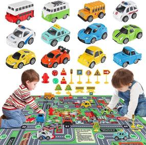 img 4 attached to 🚗 Vextronic Mini Pull Back Cars for Toddlers: Colorful Die Cast Metal Toy Cars with Play Mat & Road Signs – Educational Gift Set for Boys and Girls Aged 3+