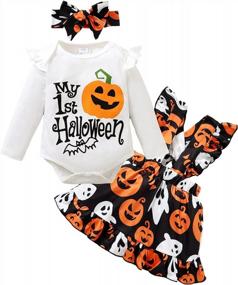 img 4 attached to SOBOWO Newborn Baby Girl Halloween Outfits Ruffle Romper Pumpkin Bat Ghost Suspender Skirt Headband 3Pcs Clothes Set