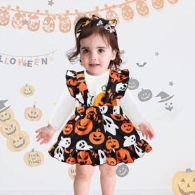 img 3 attached to SOBOWO Newborn Baby Girl Halloween Outfits Ruffle Romper Pumpkin Bat Ghost Suspender Skirt Headband 3Pcs Clothes Set