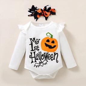 img 1 attached to SOBOWO Newborn Baby Girl Halloween Outfits Ruffle Romper Pumpkin Bat Ghost Suspender Skirt Headband 3Pcs Clothes Set