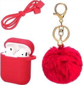 img 2 attached to Protective Silicone Cover Skin Compatible With Apple Airpods Charging – Drop Proof Case Cover With Fluffy Pompom Keychain And Anti-Lost Strap Accessories Kit Compatible Airpod Charging Case (Red)