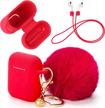 protective silicone cover skin compatible with apple airpods charging – drop proof case cover with fluffy pompom keychain and anti-lost strap accessories kit compatible airpod charging case (red) logo