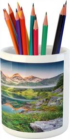 img 2 attached to Bring The Beauty Of Austrian Alps To Your Desk - Ambesonne Nature Pencil Pen Holder In Summer Misty Morning Landscape