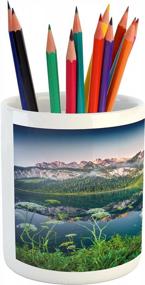 img 1 attached to Bring The Beauty Of Austrian Alps To Your Desk - Ambesonne Nature Pencil Pen Holder In Summer Misty Morning Landscape