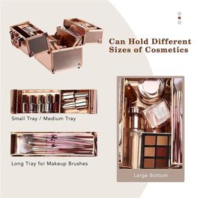img 3 attached to Rose Gold Makeup Train Case With Lock | Frenessa Cosmetic Travel Box, 4 Trays For Beauty, Jewelry, Nail Kit Tools | Portable Organizer For Women & Makeup Artists | Craft Essential Storage Box