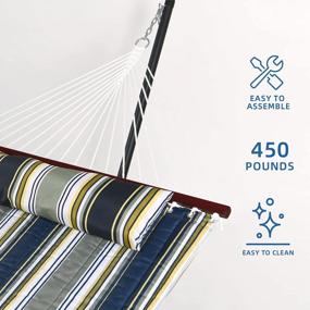 img 1 attached to SUNLAX Double Hammock - Portable 2 Person Hammock For Indoor And Outdoor Leisure, Supports 450 Lbs, Includes Hardwood Spreader Bar And Detachable Pillow, Blue And Aqua Stripes